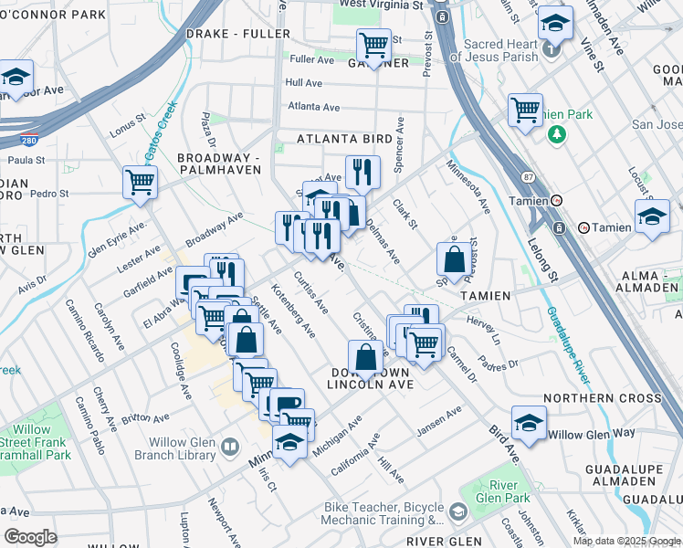 map of restaurants, bars, coffee shops, grocery stores, and more near 1197 Bird Avenue in San Jose