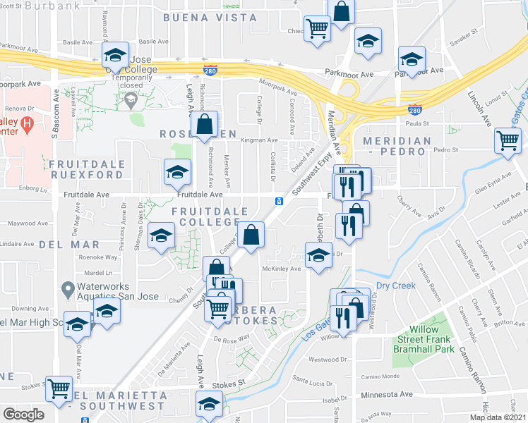 map of restaurants, bars, coffee shops, grocery stores, and more near 1590 Southwest Expressway in San Jose