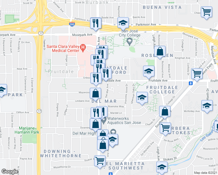 map of restaurants, bars, coffee shops, grocery stores, and more near 2140 Marlboro Court in San Jose