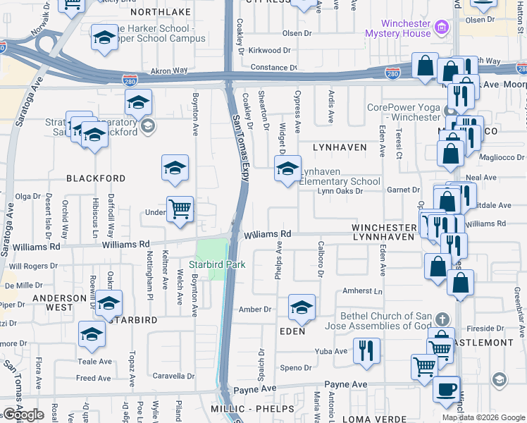 map of restaurants, bars, coffee shops, grocery stores, and more near 957 Trifone Drive in San Jose