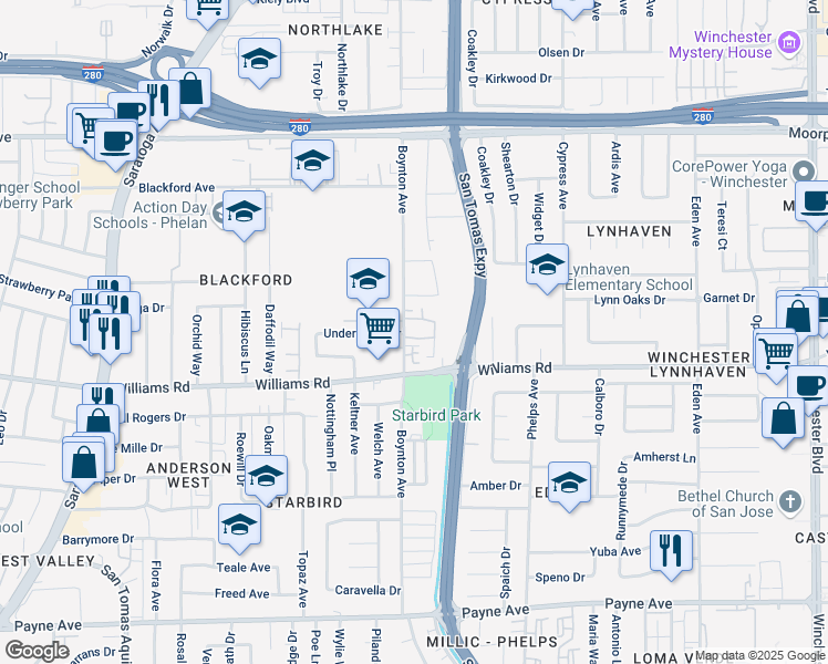 map of restaurants, bars, coffee shops, grocery stores, and more near 3675 Williams Road in San Jose