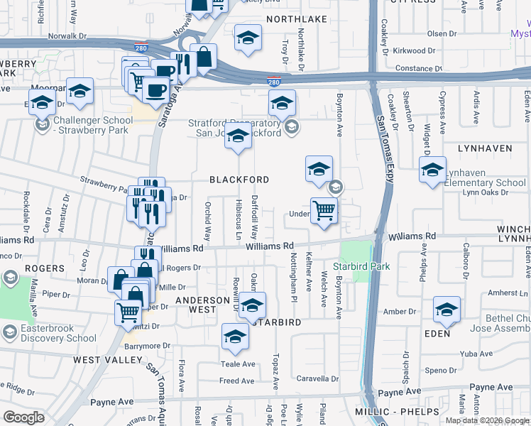 map of restaurants, bars, coffee shops, grocery stores, and more near 960 Daffodil Way in San Jose