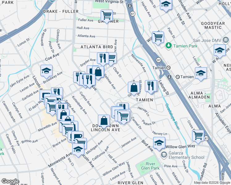 map of restaurants, bars, coffee shops, grocery stores, and more near 1269 Delmas Avenue in San Jose