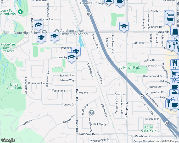 map of restaurants, bars, coffee shops, grocery stores, and more near 7933 Cranberry Circle in Cupertino