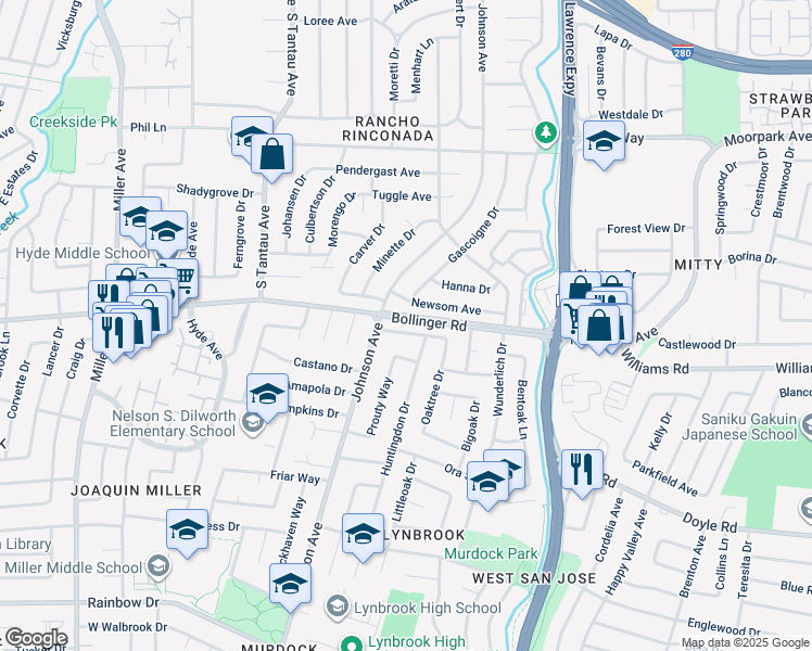 map of restaurants, bars, coffee shops, grocery stores, and more near 5651 Kimberly Street in San Jose