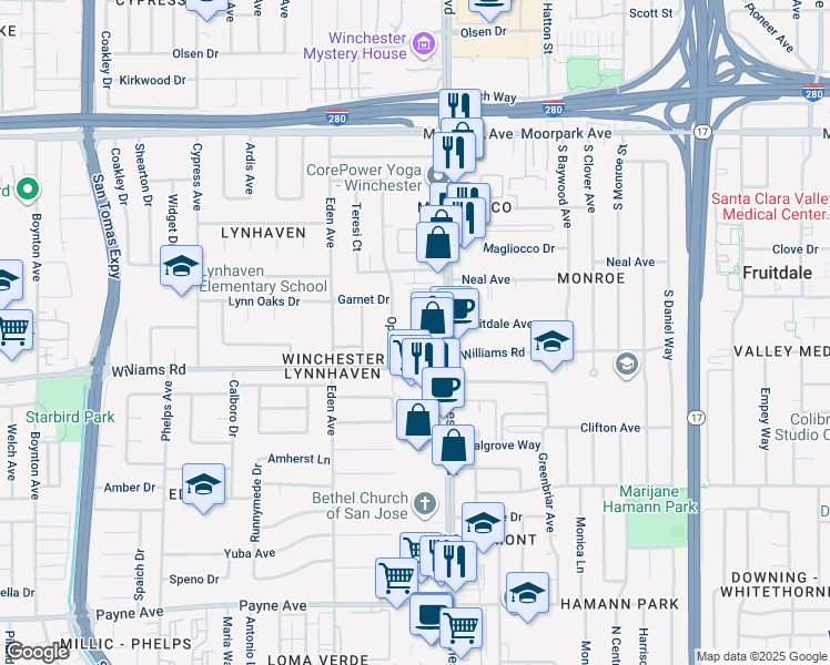 map of restaurants, bars, coffee shops, grocery stores, and more near 919 South Winchester Boulevard in San Jose