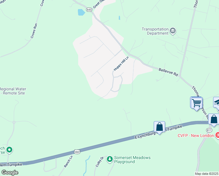 map of restaurants, bars, coffee shops, grocery stores, and more near 1347 Hupps Hill Lane in Forest