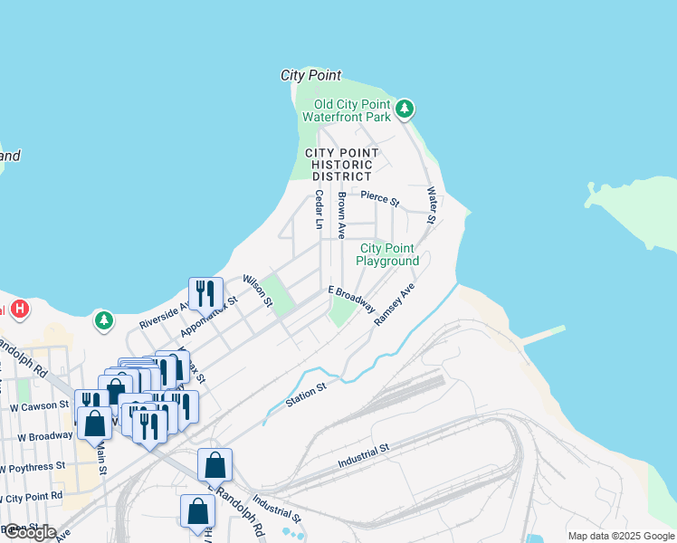 map of restaurants, bars, coffee shops, grocery stores, and more near 308 Brown Avenue in Hopewell