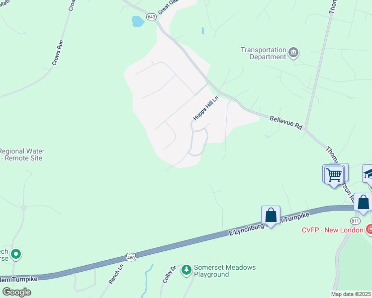 map of restaurants, bars, coffee shops, grocery stores, and more near 1347 Hupps Hill Lane in Forest