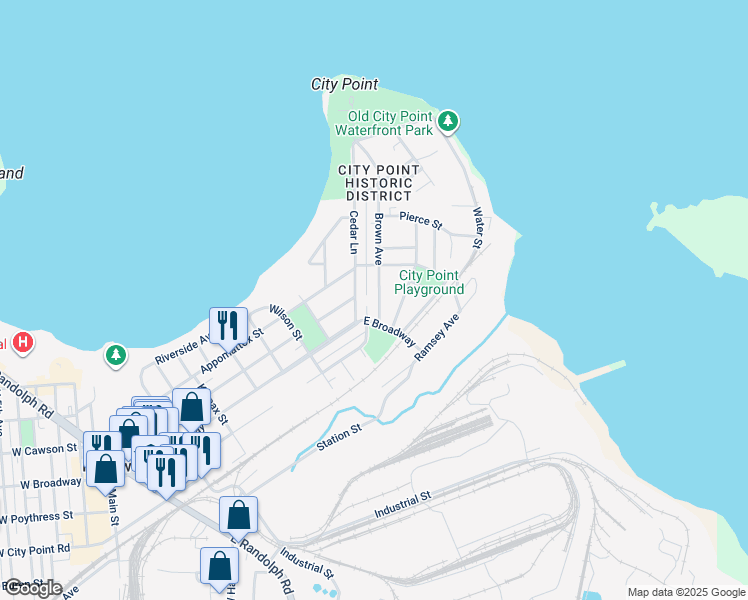map of restaurants, bars, coffee shops, grocery stores, and more near 308 Brown Avenue in Hopewell