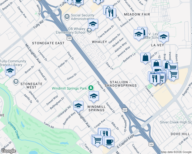 map of restaurants, bars, coffee shops, grocery stores, and more near 2786 Plumas Drive in San Jose