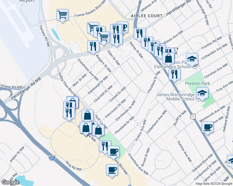 map of restaurants, bars, coffee shops, grocery stores, and more near 2611 Cornell Drive Northwest in Roanoke