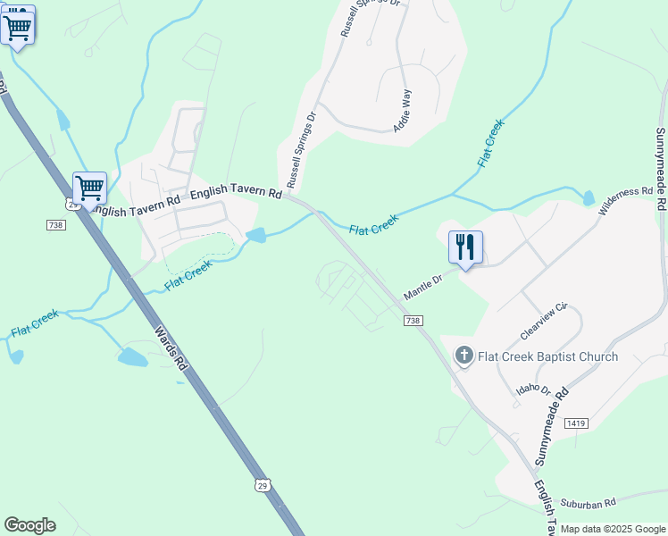 map of restaurants, bars, coffee shops, grocery stores, and more near 70 Rugby Lane in Lynchburg