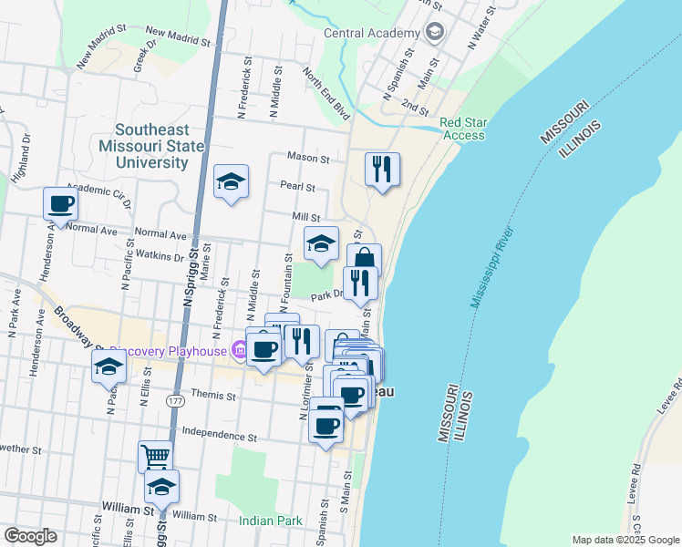 map of restaurants, bars, coffee shops, grocery stores, and more near 407 North Spanish Street in Cape Girardeau