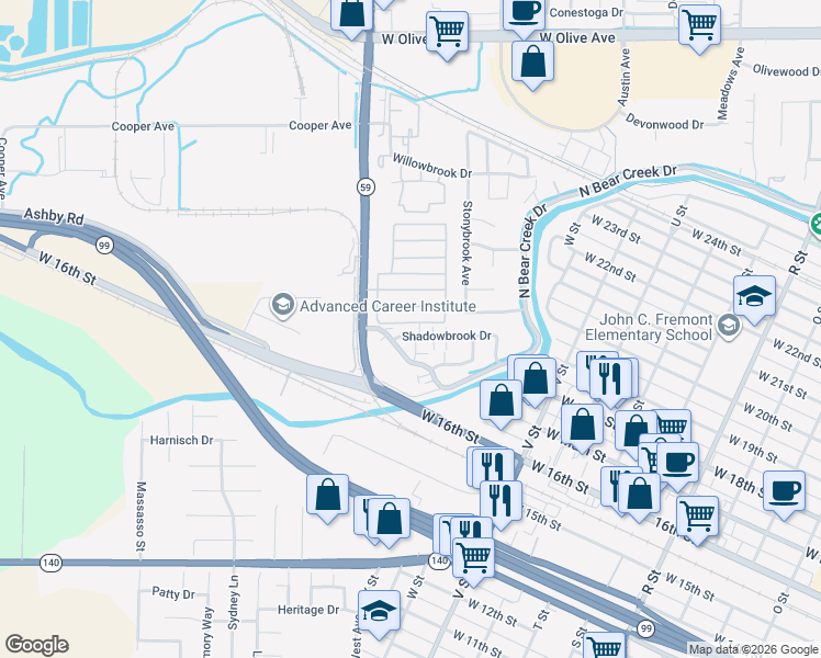 map of restaurants, bars, coffee shops, grocery stores, and more near 1963 Shadowbrook Drive in Merced