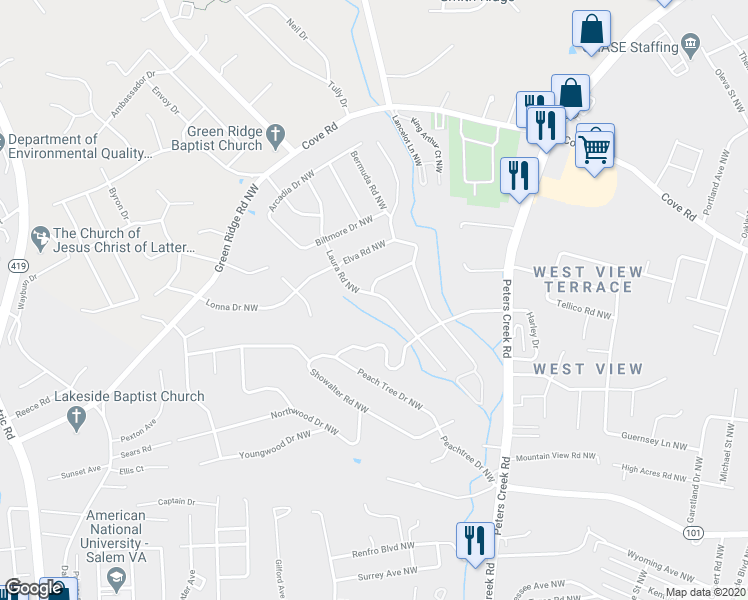 map of restaurants, bars, coffee shops, grocery stores, and more near 2056 Laura Road Northwest in Roanoke