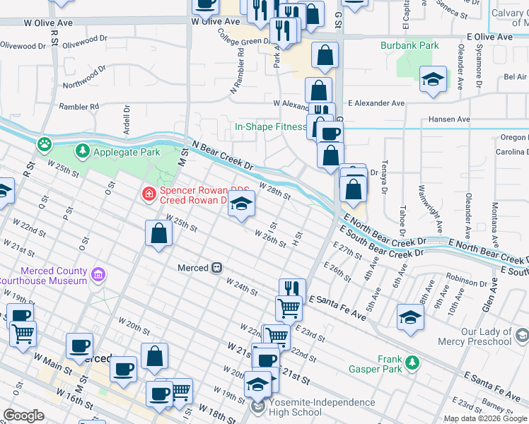 map of restaurants, bars, coffee shops, grocery stores, and more near 222 West 27th Street in Merced