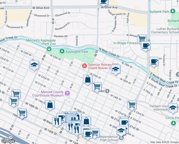 map of restaurants, bars, coffee shops, grocery stores, and more near in Merced