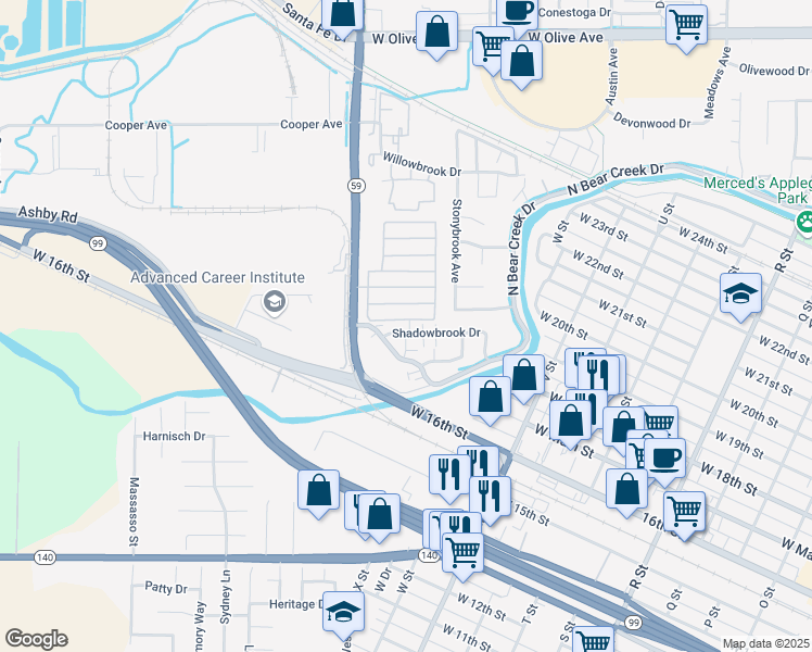 map of restaurants, bars, coffee shops, grocery stores, and more near 1932 Shadowbrook Drive in Merced