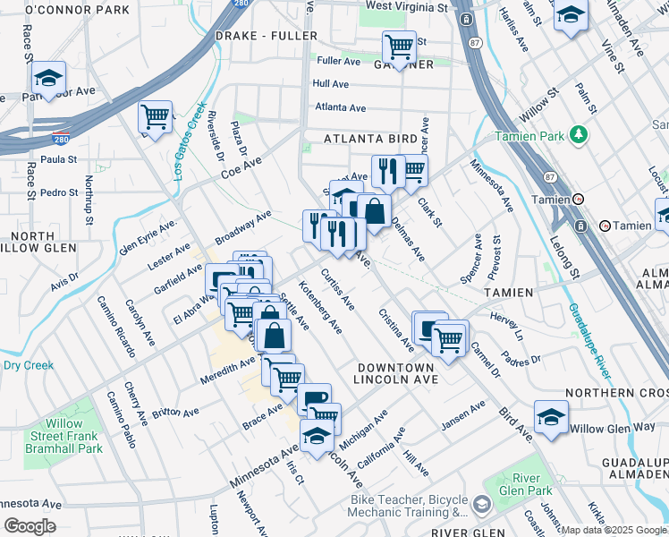 map of restaurants, bars, coffee shops, grocery stores, and more near 1164 Curtiss Avenue in San Jose