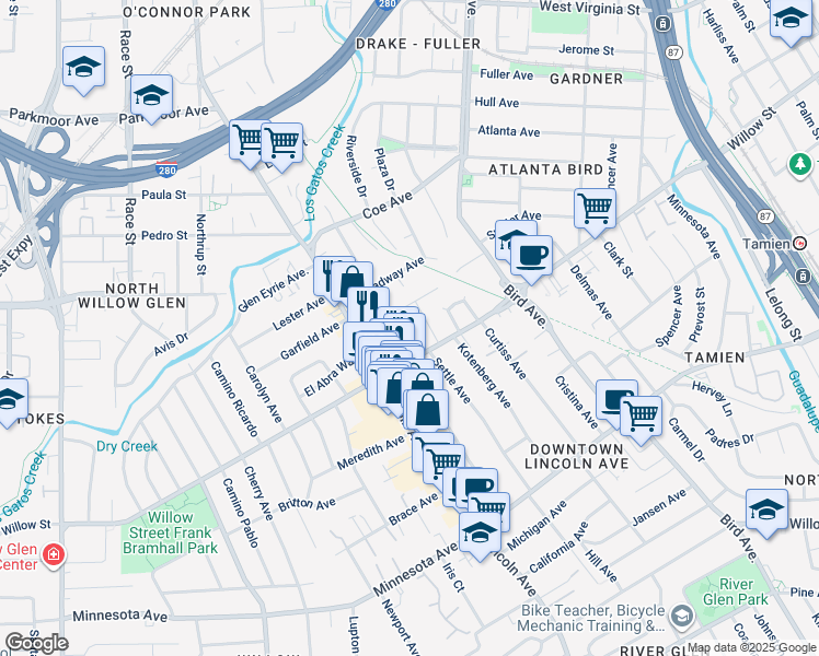 map of restaurants, bars, coffee shops, grocery stores, and more near in San Jose