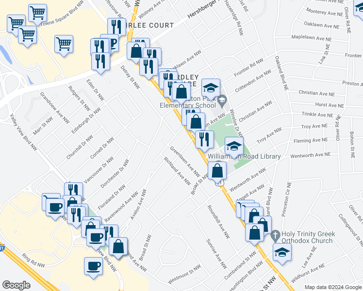 map of restaurants, bars, coffee shops, grocery stores, and more near 4108 Greenlawn Avenue Northwest in Roanoke