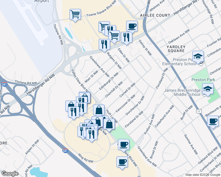 map of restaurants, bars, coffee shops, grocery stores, and more near 2504 Churchill Drive Northwest in Roanoke