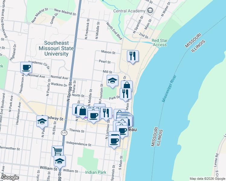 map of restaurants, bars, coffee shops, grocery stores, and more near in Cape Girardeau