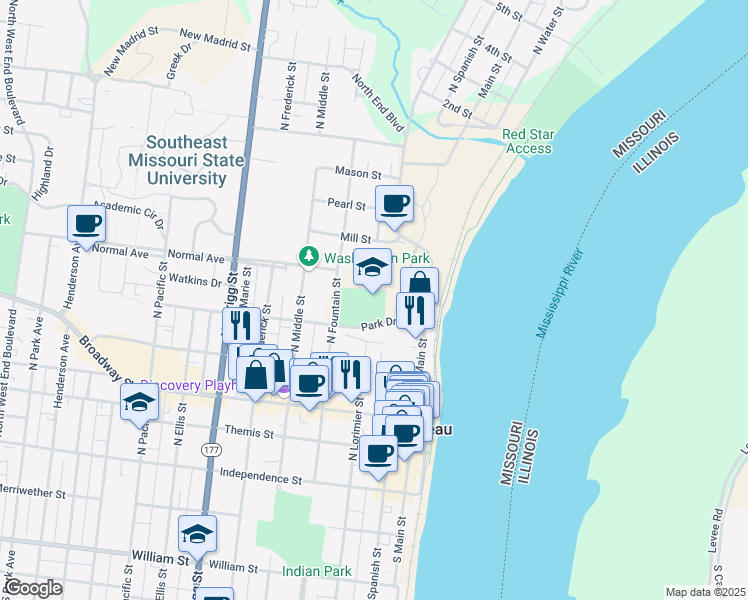 map of restaurants, bars, coffee shops, grocery stores, and more near in Cape Girardeau