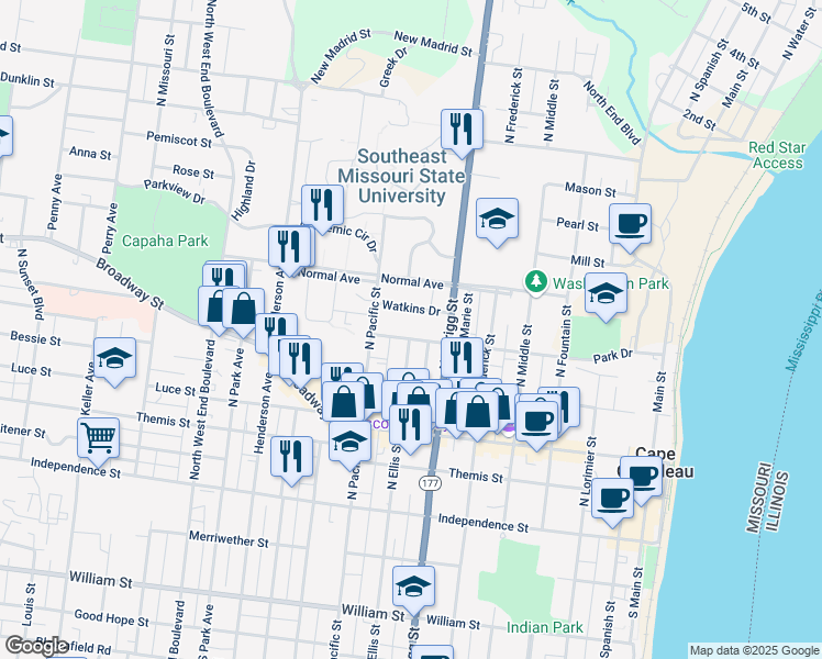map of restaurants, bars, coffee shops, grocery stores, and more near 519 Broadway Street in Cape Girardeau