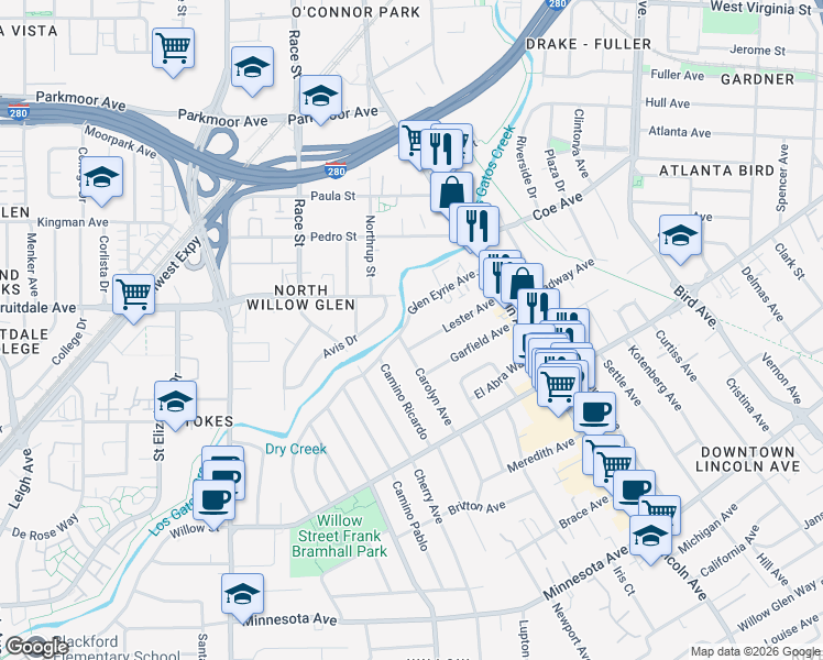 map of restaurants, bars, coffee shops, grocery stores, and more near 1014 Carolyn Avenue in San Jose