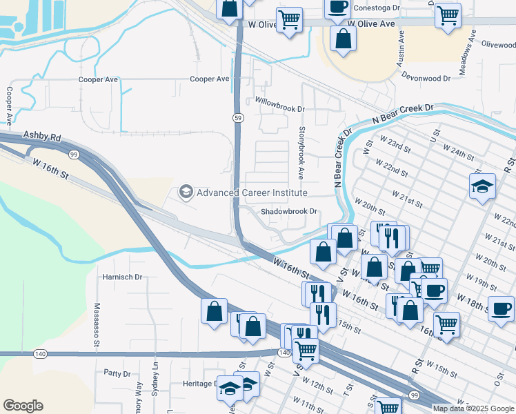 map of restaurants, bars, coffee shops, grocery stores, and more near 1800 West North Bear Creek Drive in Merced