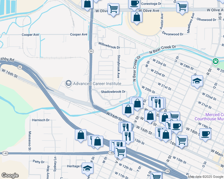 map of restaurants, bars, coffee shops, grocery stores, and more near 1913 Shadowbrook Drive in Merced