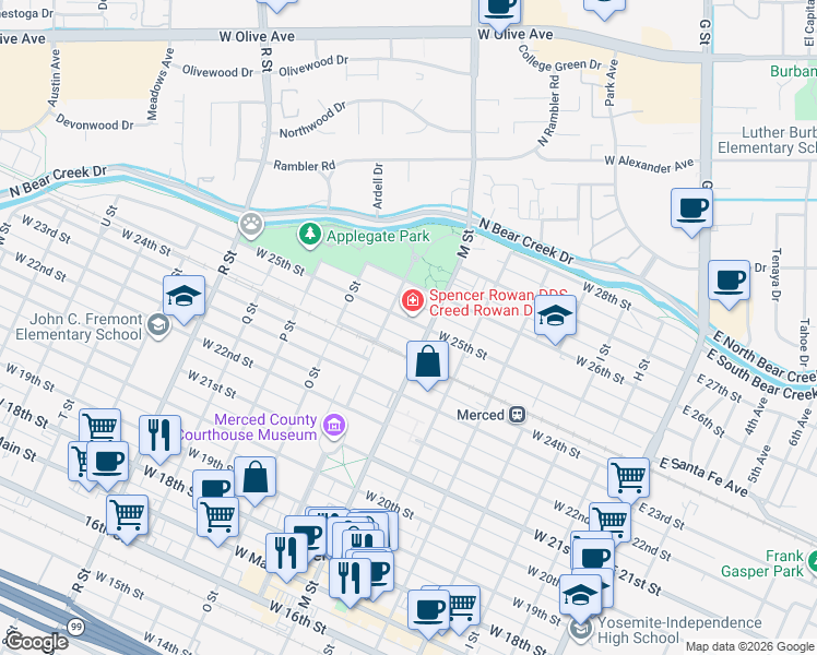 map of restaurants, bars, coffee shops, grocery stores, and more near 635 West Santa Fe Avenue in Merced
