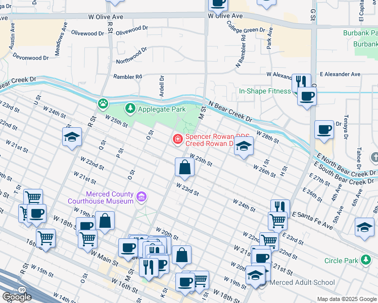 map of restaurants, bars, coffee shops, grocery stores, and more near in Merced