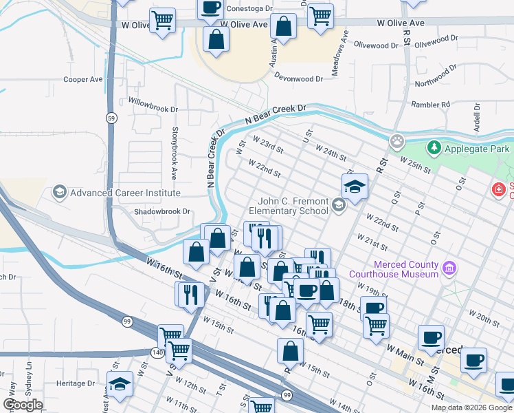 map of restaurants, bars, coffee shops, grocery stores, and more near 1454 West 20th Street in Merced