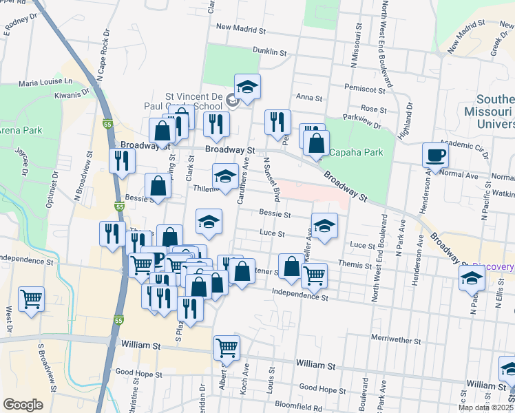 map of restaurants, bars, coffee shops, grocery stores, and more near 1728 Bessie Street in Cape Girardeau