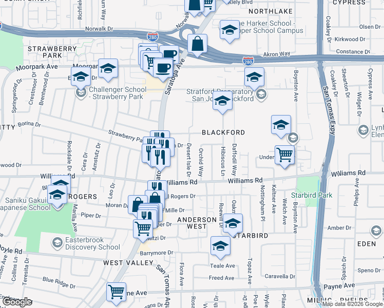 map of restaurants, bars, coffee shops, grocery stores, and more near 947 Orchid Way in San Jose