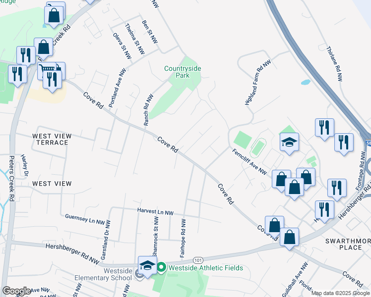 map of restaurants, bars, coffee shops, grocery stores, and more near 2011 Dansbury Drive Northwest in Roanoke