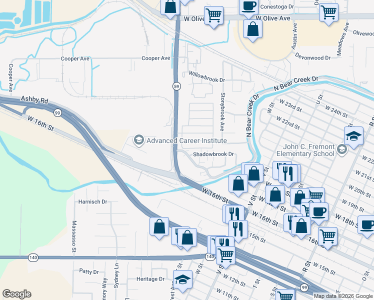 map of restaurants, bars, coffee shops, grocery stores, and more near 1856 West North Bear Creek Drive in Merced