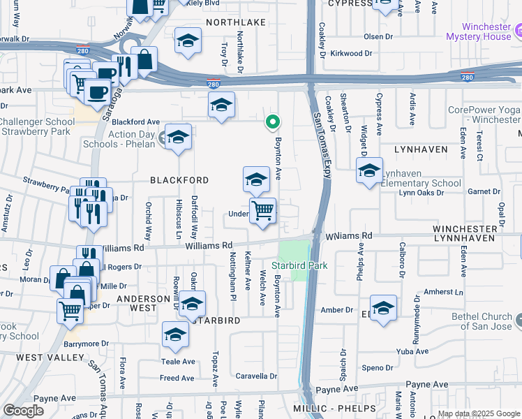 map of restaurants, bars, coffee shops, grocery stores, and more near 3739 Underwood Drive in San Jose