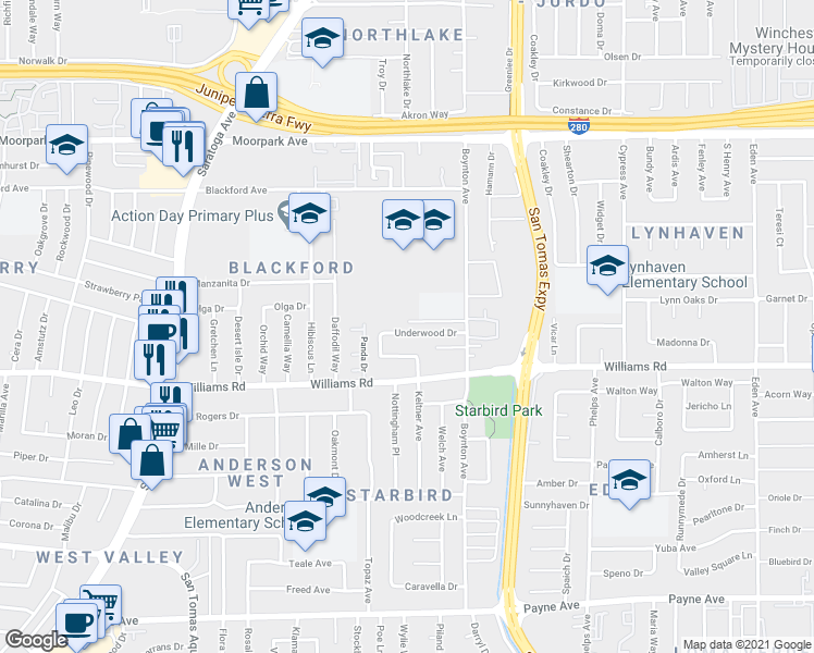 map of restaurants, bars, coffee shops, grocery stores, and more near 3793 Underwood Drive in San Jose