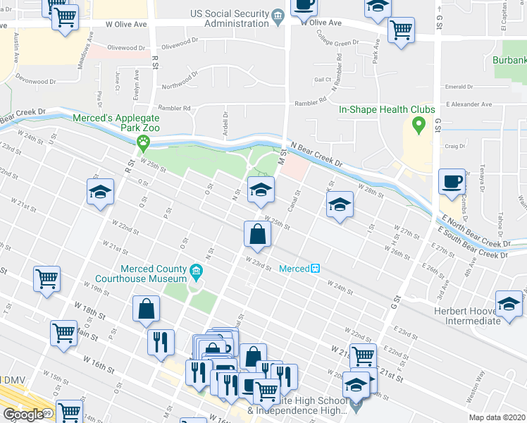 map of restaurants, bars, coffee shops, grocery stores, and more near 2510 M Street in Merced