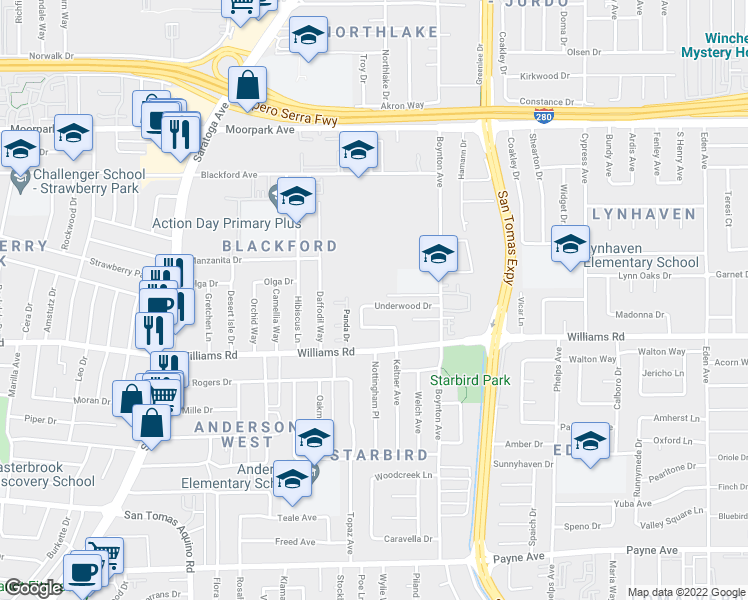 map of restaurants, bars, coffee shops, grocery stores, and more near 3819 Underwood Drive in San Jose