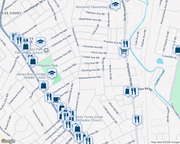 map of restaurants, bars, coffee shops, grocery stores, and more near 204 Wentworth Avenue Northeast in Roanoke