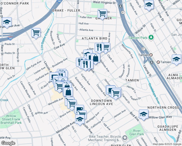 map of restaurants, bars, coffee shops, grocery stores, and more near 1135 Bird Avenue in San Jose