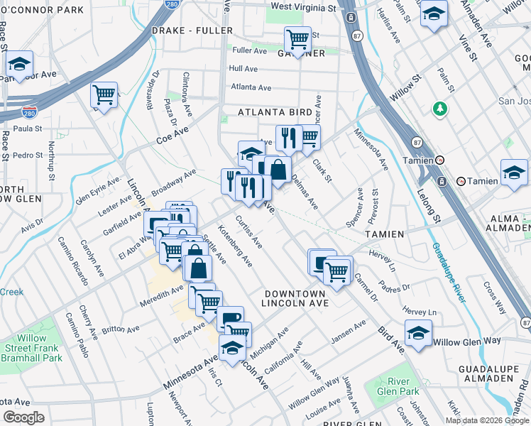 map of restaurants, bars, coffee shops, grocery stores, and more near 1135 Bird Avenue in San Jose