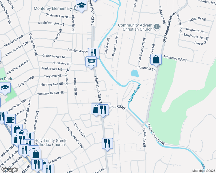 map of restaurants, bars, coffee shops, grocery stores, and more near 721 Drew Avenue Northeast in Roanoke