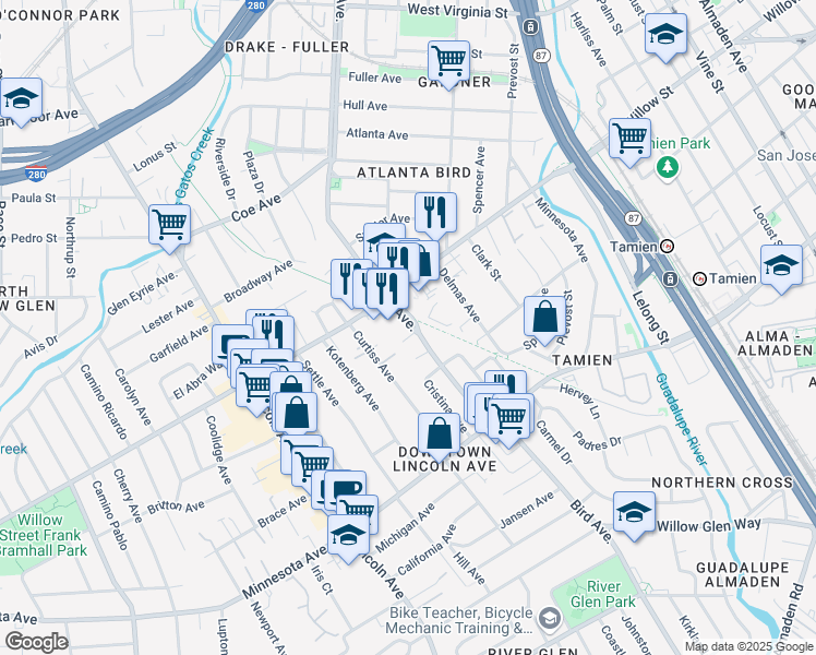 map of restaurants, bars, coffee shops, grocery stores, and more near 1197 Bird Avenue in San Jose