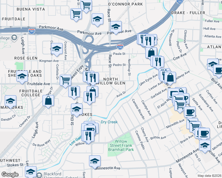 map of restaurants, bars, coffee shops, grocery stores, and more near 974 Twin Brook Drive in San Jose